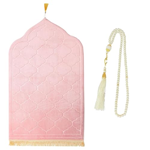 zhxinashu Thick Muslim Prayer Mat Set with Tasbih Beads for Ramadan,Pink - color: Pink