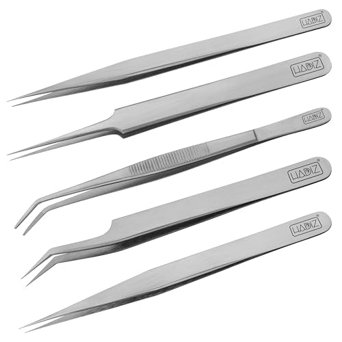 HADIZ Precision Tweezers set Upgraded Anti-Static Stainless Steel Heat Resistant, Curved, Jewelry, Electronics, Craft, Soldering, Experimental Work (5)