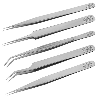 HADIZ Precision Tweezers set Upgraded Anti-Static Stainless Steel Heat Resistant, Curved, Jewelry, Electronics, Craft, Soldering, Experimental Work (5)