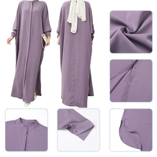 IKADEX Women Batwing Sleeve Abaya Button Loose Fit Long Maxi Muslim Dress Islamic Kaftan Prayer Robe - color: Purple