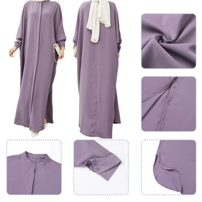 IKADEX Women Batwing Sleeve Abaya Button Loose Fit Long Maxi Muslim Dress Islamic Kaftan Prayer Robe - color: Purple