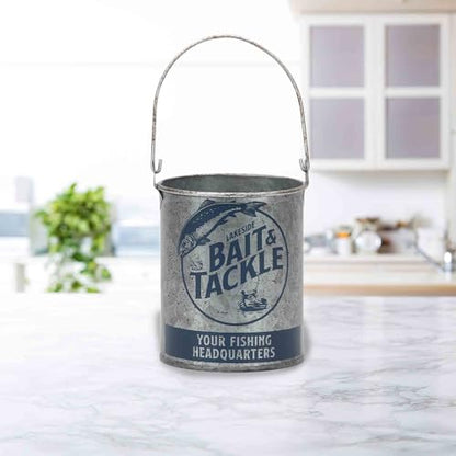 Lakeside Bait and Tackle Metal Bucket - Decorative Fishing Pail for Pencils, TV Remotes or Tools