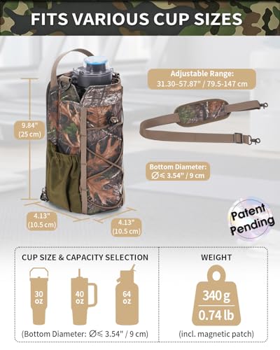 sportsnew 40oz Insulated Crossbody Water Bottle Bag Gym Hiking Phone Pocket | Water-resistant Lining, Padded Strap, Top Handle, Drawstring, Phone Pocket, Elastic Slots, Built-In Key Clip for Gym Walking - color: Woodland Camo -Magnetic