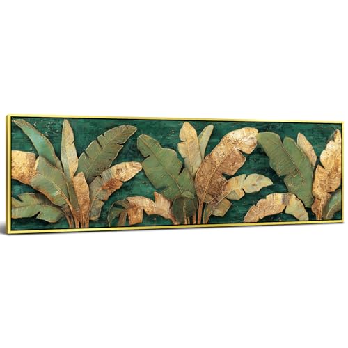 Large Vintage Botanical Leaf Wall Art Gold Framed Wall Decor Tropical Leaves Picture Canvas Prints Emerald Green and Gold Decor Abstract Nature Painting Artwork for Living Room Decorations 14x48" - color: Leaves