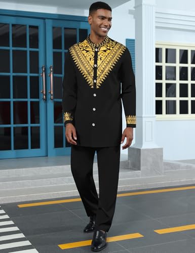 Mens African 2 Piece Set Metallic Traditional Suit Gold Stamp Printed African Dashiki Shirt and Pants Outfit - color: Black, size: X-Large