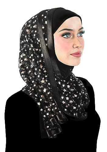 Stylish Mona Hijab Women's Black Kuwaiti with Chiffon Wrap Shawl & Satin Trim - color: Black With Silver Stars