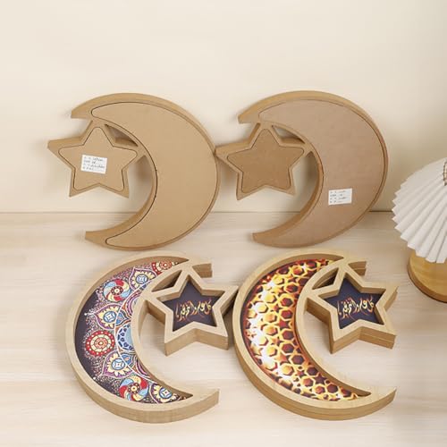 Wooden Eid Mubarak Dessert Tray, Star and Moon Tray Ramadan Serving Tray, Ramadan Decorations for Table Islam Muslim Party Festival Party
