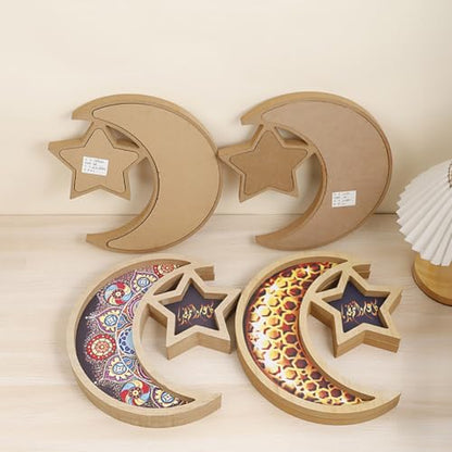 Wooden Eid Mubarak Dessert Tray, Star and Moon Tray Ramadan Serving Tray, Ramadan Decorations for Table Islam Muslim Party Festival Party