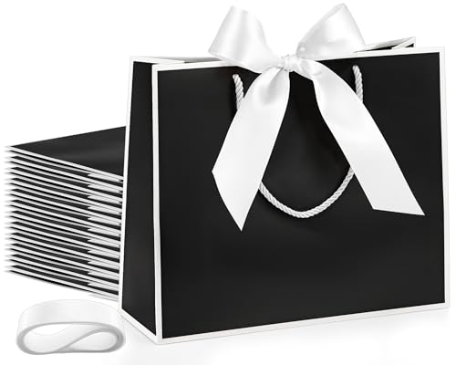 Silkfly 12 Pcs Paper Gift Bags with Handles & Bow Ribbon, Black and White - color: Black, White