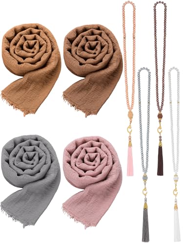 Shyyween 8 Pcs Eid Al-fitr Ramadan Gift Include 4 Soft Cotton Hemp Scarf Shawl 4 Muslim Prayer Beads Tasbih Prayer Beads for Woman Prayer Ramadan Eid Al-fitr Gift Eid Al-fitr Party Favors