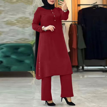 IDOPIP Women's Muslim Abaya Dress 2 Pieces Set Long Sleeve Button Down Shirt and Pants Casual Arabic Islamic Dubai Outfits - color: Wine Red, size: XX-Large