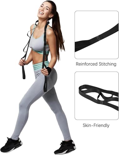 10 Loop Yoga Stretching Strap for Physical Therapy - Non-Elastic Exercise Band for Pilates, Yoga, Stretching for Women & Men - color: Black