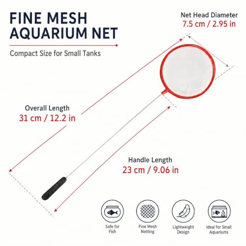Aquarium Fish Net, 7.6 cm Fine Mesh, Small Tank Skimmer, with 23 cm Long Handle Aquarium Net Fine Mesh Small