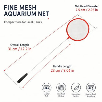 Aquarium Fish Net, 7.6 cm Fine Mesh, Small Tank Skimmer, with 23 cm Long Handle Aquarium Net Fine Mesh Small