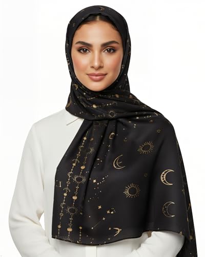 Hijab Modest and Elegant | Beautifully Designed Printed Chiffon Patterns | Muslim Women Head Scarf and Veil - color: Black M