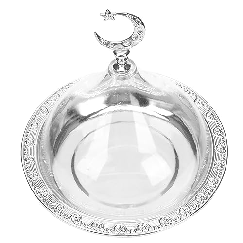 Zerodeko Eid Mubarak Cake Stand with Dome Lid Ramadan Cake Plate with Acrylic Cover Metal Muslim Dessert Holder Serving Tray for Eid Mubarak Party, 17x17cm, Silver, E191567BN3