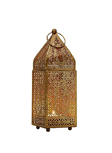 Serene Spaces Living Moroccan Lightweight Thin Gold Ornate Candle Lantern, Antique Gold Lantern, Decorative Candle Holders for Indian Wedding, Eid, Ramadan, Events, 2.75" Diameter & 8.5" Tall - color: Gold Metal, size: Small, Single