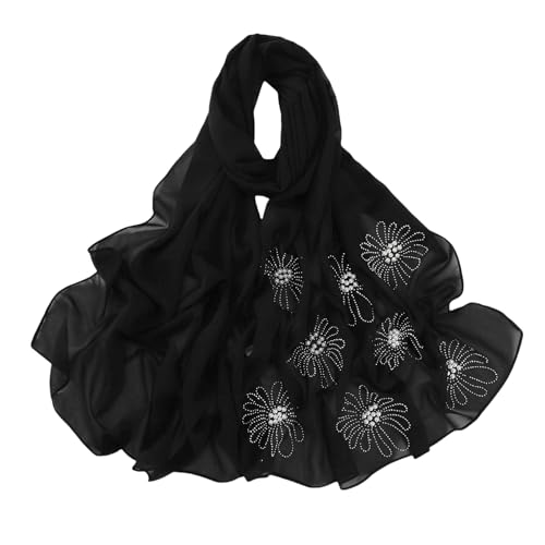 Chiffon Hijab Scarf for Women Muslim Hijab Head Wrap Scarves Soft Rhinestone Chiffon Scarf Fashion Long Scarves Shawl - color: Black