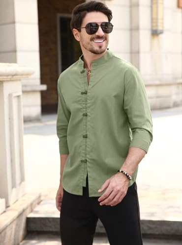 Zaitun Mens Cotton Linen Shirts Casual Buttons Down Roll-Up Sleeve Shirt Summer Chinese Style T-Shirts - color: Green, size: X-Large