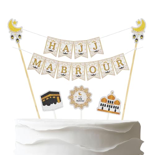 6pcs Hajj Mabrour Cake Topper Banner,Pre-Strung Muslim Islam Eid Festival Cake Decor & Cupcake Picks,Muslim Islam Eid Mubarak Festival Party Decorations - color: Hajj Mabrour