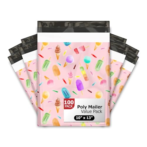 10x13 (100) Ice Cream Treats Summer Designer Poly Mailers Waterproof Self Sealing Tear Resistant Polymailers Shipping Envelopes Premium Printed Bags For Small Businesses - color: Ice Cream, size: 10x13