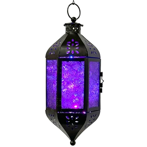 Vela Lanterns Hanging Moroccan Lantern with LED Twinkle Fairy Lights - Exotic Decorative Patio & Porch Decor, Indoor Outdoor Candle Lamp Holder with Chain (13" Large, Purple Glass) - color: Purple, size: Large