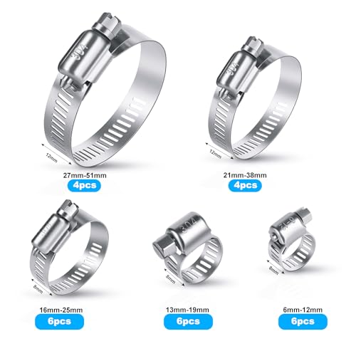 26PCS Stainless Steel Hose Clamps Assortment Kit, 1/4-2 in (6-51 mm) Adjustable Worm Gear Pipe Hose Clamp for Fuel Line, Plumbing, Automotive, Garden, Tube, Radiator, Mechanical Applications