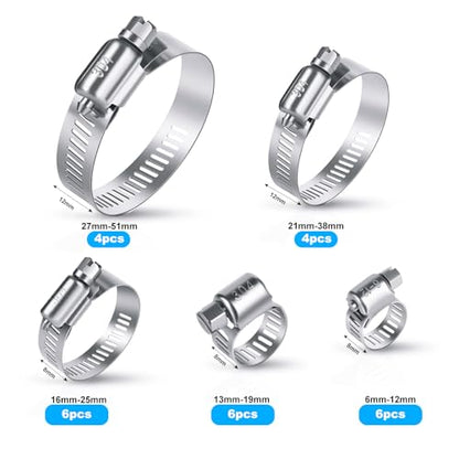 26PCS Stainless Steel Hose Clamps Assortment Kit, 1/4-2 in (6-51 mm) Adjustable Worm Gear Pipe Hose Clamp for Fuel Line, Plumbing, Automotive, Garden, Tube, Radiator, Mechanical Applications