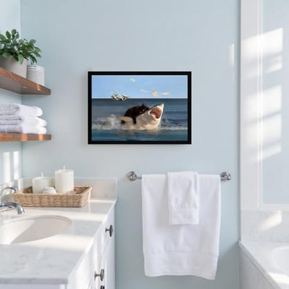 ICHZUMW Framed Funny Black Cat Biting Shark Ocean Canvas Wall Art 16x24 In - color: Black Shark Rider, size: 24"L x 16"W