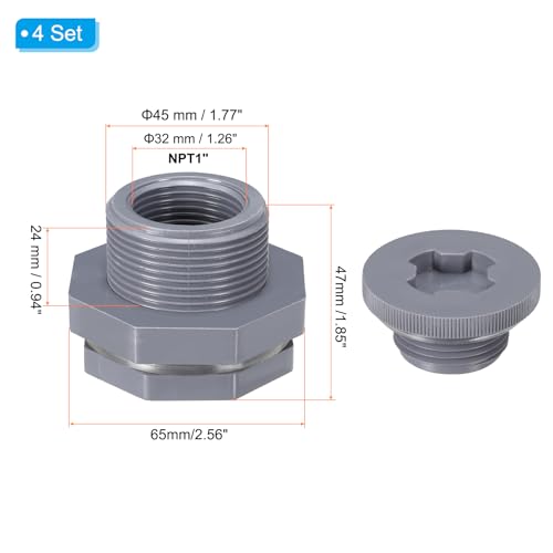 PATIKIL PVC Bulkhead Fitting with Plug NPT1", 4 Pack Bulkhead Water Tank Connector with Silicone Seal Gasket Garden Hose Fitting with Plug for Rain Bucket, Sinks, Aquariums, Gray