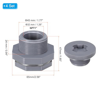 PATIKIL PVC Bulkhead Fitting with Plug NPT1", 4 Pack Bulkhead Water Tank Connector with Silicone Seal Gasket Garden Hose Fitting with Plug for Rain Bucket, Sinks, Aquariums, Gray