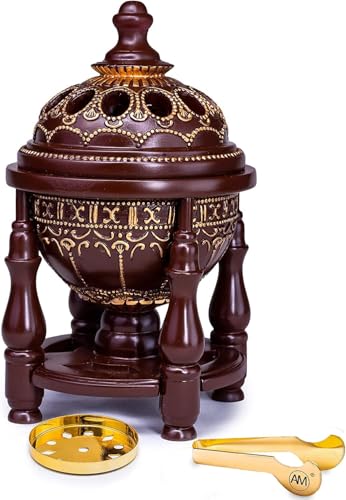 AM Charcoal Incense Burner - Bakhoor Burner, Oud Frankincense Resin Burner for Office & Home Decor - Lavish 4 Pillar (4 Pillar Brown) - color: 4 Pillar Brown