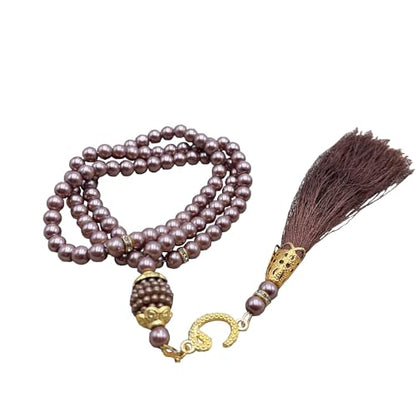 Tasbih Muslim Prayer Praise Beads, 6mm 99 Beads Glass Pearl Muslim Rosary Bracelet with Tassel, Natural Bead Pearls Tassel Pendant, Men Women Meditation Jewelry (Brown) - color: Brown