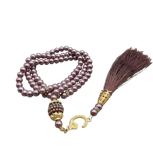 Tasbih Muslim Prayer Praise Beads, 6mm 99 Beads Glass Pearl Muslim Rosary Bracelet with Tassel, Natural Bead Pearls Tassel Pendant, Men Women Meditation Jewelry (Brown) - color: Brown