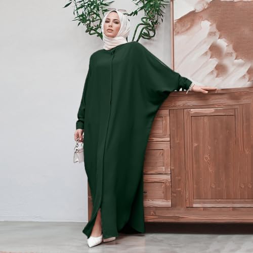 ODASDO Muslim Dresses for Women Abaya Button Down Henley Shirt Prayer Dress Batwing Long Sleeve Middle East Arabian Robe - color: Dark Green