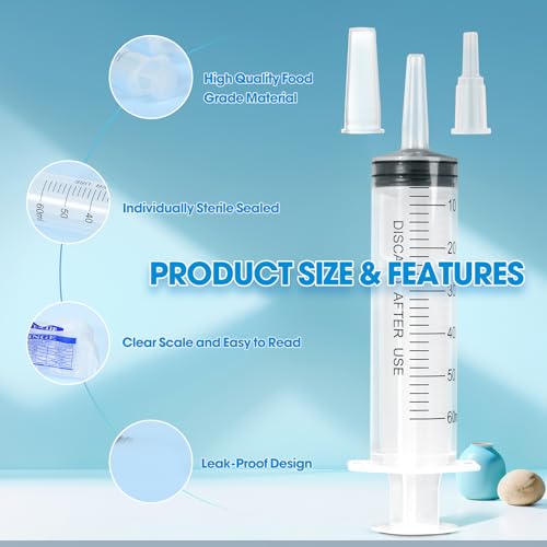 60ml Syringe for Liquid,5 Pack Large Plastic Syringes with Adapters and Cap,Individually Sealed Syringe for Feeding,Irrigation Water and Scientific Labs - size: 60ML