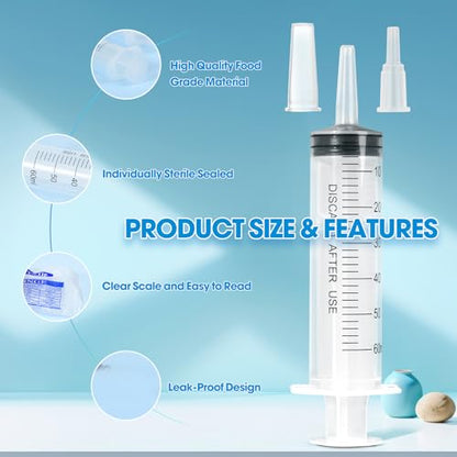 60ml Syringe for Liquid,5 Pack Large Plastic Syringes with Adapters and Cap,Individually Sealed Syringe for Feeding,Irrigation Water and Scientific Labs - size: 60ML