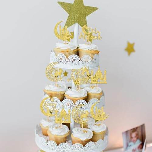 ZHUOWEISM 24 PCS Eid Mubarak Cupcake Toppers Glitter Moon Star Ramadan Kareem Happy Eid Islamic Muslim Theme Party Cake Decorations Supplies Gold - color: Design 5 Gold