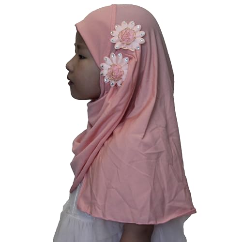 Soft Instant Hijab for Kids Girls Muslim Headscarf Islamic Scarf Shawl Wrap with Flowers - color: Orange Pink-2 Flowers
