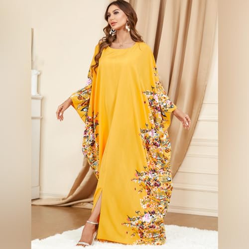 Embroidered Abaya Kaftans for Women Modern Elegant Dubai Moroccan Dubai Kaftan Dresses Abaya for Women Muslim Dress - color: Yellow
