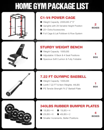 C1-V4 Power Cage, 2000LBS Squat Rack with LAT Pulldown, Multi-Function Weight Cage Strength Training Machine, Workout Cage with More Attachments for Home Gym Garage - style: 340LBS RD Home Gym Package
