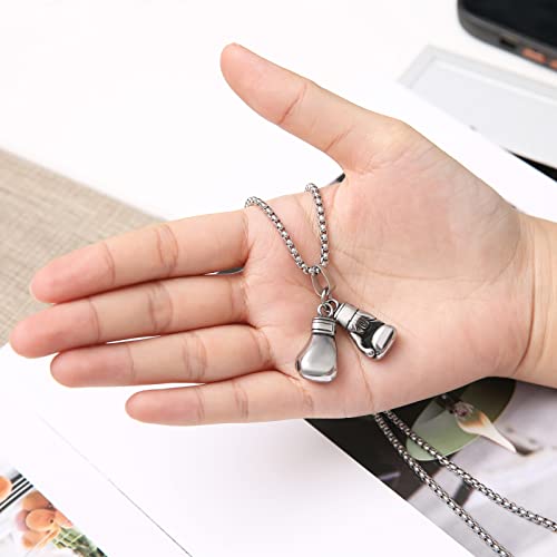 HZMAN Men Women Punk Stainless Steel Boxing Glove Chain Pendant Necklace - color: Silver（Two boxing gloves set）