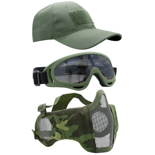 Airsoft Mask with Goggles, Foldable Half Face Airsoft Mesh Mask with Ear Protection for Paintball Shooting Cosplay CS Game - color: 1-ODCPCP~3PCS, size: 3pcs