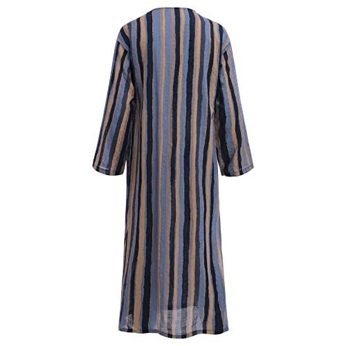 IDOPIP Men's Muslim Thobe Long Sleeve Striped Robe Gown Arab Islamic Kaftan Abayas Dress Middle East Dubai Ramadan Clothing - color: Blue, size: XX-Large
