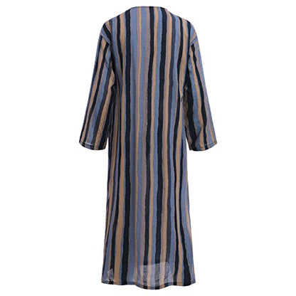IDOPIP Men's Muslim Thobe Long Sleeve Striped Robe Gown Arab Islamic Kaftan Abayas Dress Middle East Dubai Ramadan Clothing - color: Blue, size: XX-Large