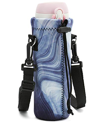 Neoprene Water Bottle Carrier Bag with Adjustable Shoulder Strap,Insulated Water Bottle Cover for Stainless Steel/Glass/Plastic Bottles - color: Blue Marble, size: 500ml