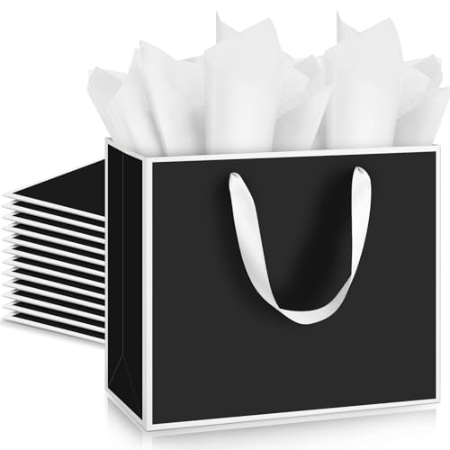 ReliThick 12 Pack Paper Gift Bag with Handles & Tissue, Black, White - color: Black, White