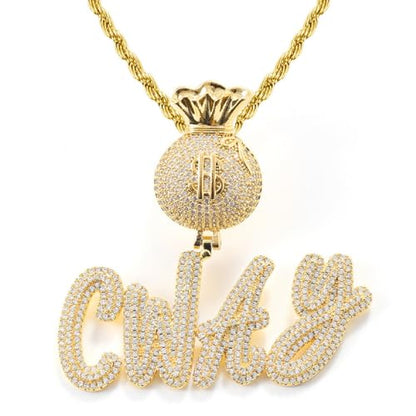 Lulu Mel Iced Out Personalized Cursive Name Necklace For Trendy Women, Custom Handmade Nameplate Pendant With Cuban Link Chain, White Gold Plated Hip Hop CZ Diamond Jewelry Gifts - color: Gold/Money Bag Bail