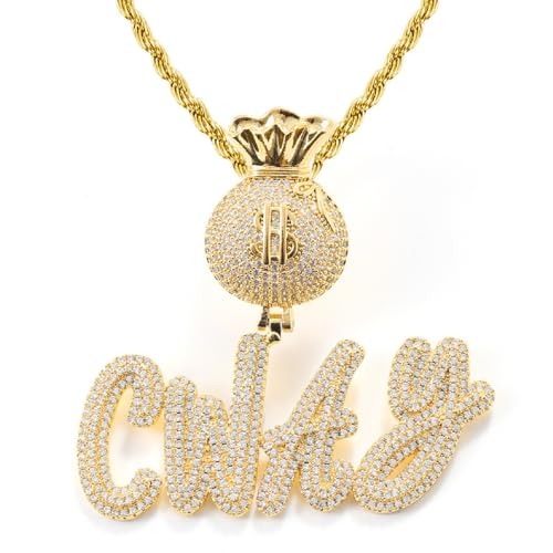 Lulu Mel Iced Out Personalized Cursive Name Necklace For Trendy Women, Custom Handmade Nameplate Pendant With Cuban Link Chain, White Gold Plated Hip Hop CZ Diamond Jewelry Gifts - color: Gold/Money Bag Bail
