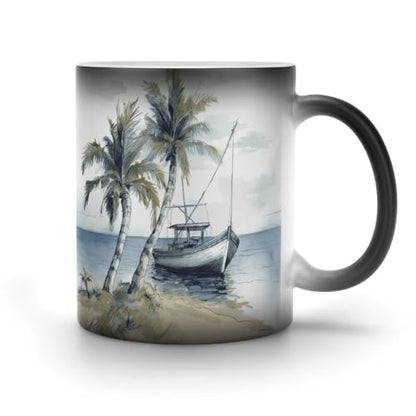 Palm Trees Fishing Boat Coffee Mug Heat Sensitive Discoloration Ceramic Cup Personalized Color Changing Coffee Cups Unique Cup Gift for Family Friends Birthday Aniversary